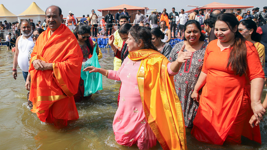 Prayagraj, Feb 15 (ANI): Lok Sabha Speaker Om Birla with his wife Amita Birla takes a dip at Triveni Sangam during the ongoing Maha Kumbh 2025, in Prayagraj on Saturday. (ANI Photo)